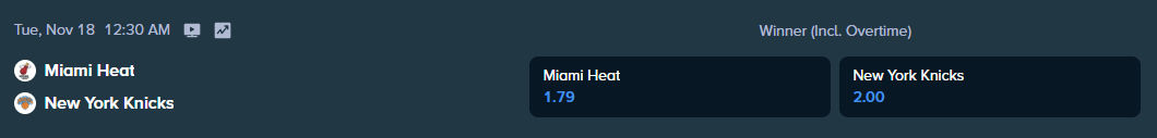 stake.com betting odds for the nba match between heat and knicks